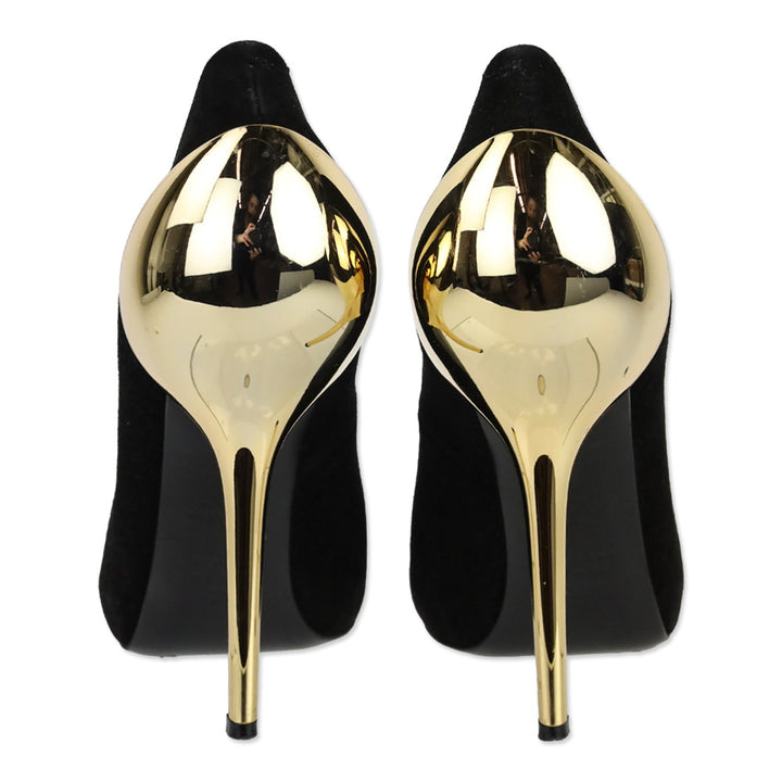 Giuseppe Zanotti Nana 105 Black Suede Gold Metal Cap Heel Pumps