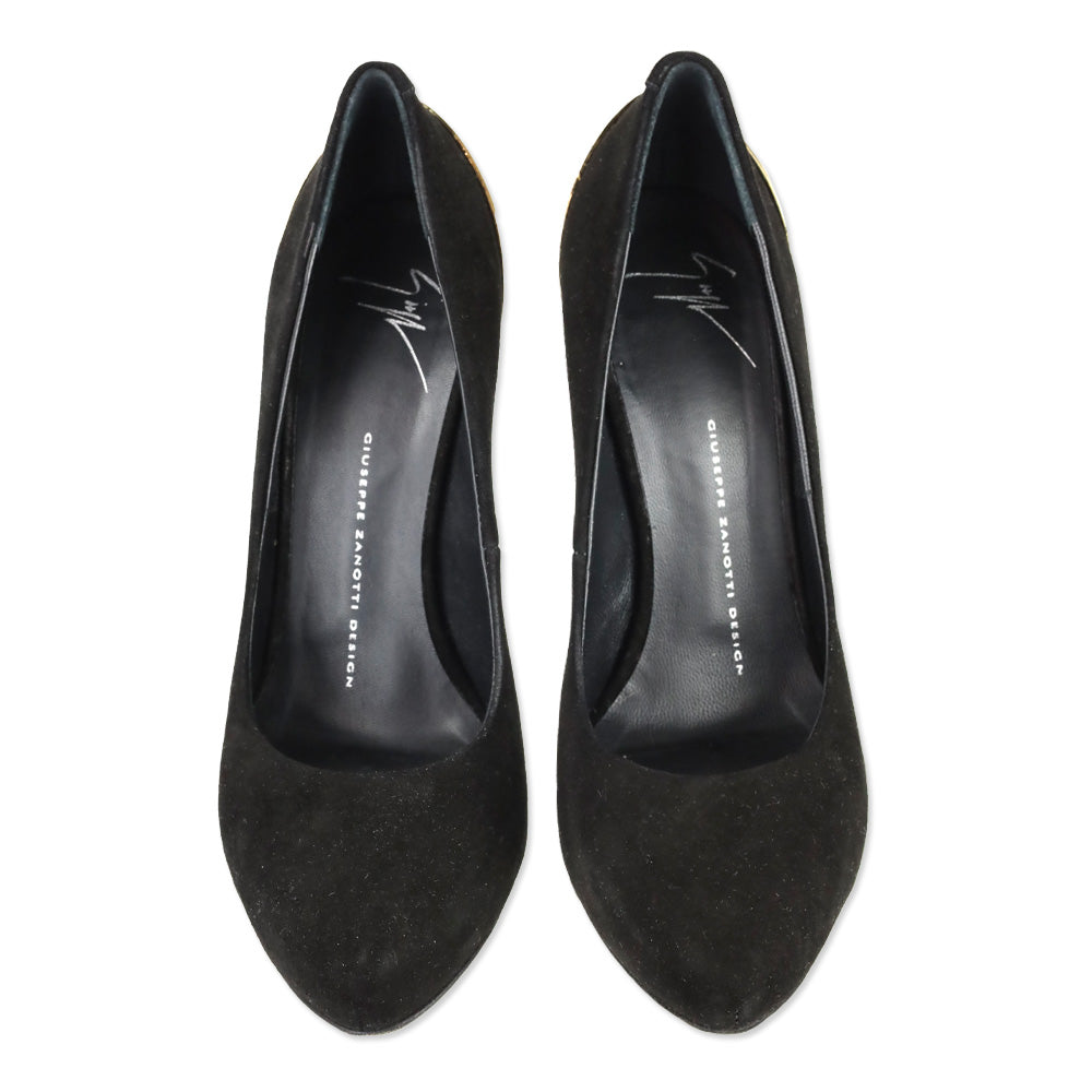 Giuseppe Zanotti Nana 105 Black Suede Gold Metal Cap Heel Pumps