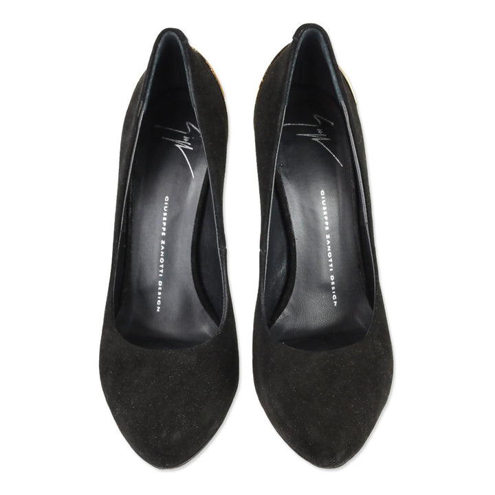 Giuseppe Zanotti Nana 105 Black Suede Gold Metal Cap Heel Pumps