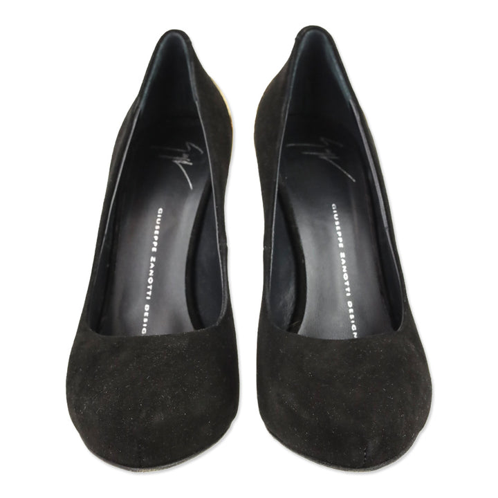 Giuseppe Zanotti Nana 105 Black Suede Gold Metal Cap Heel Pumps