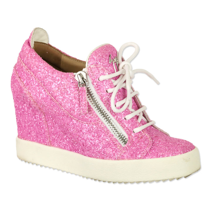 Giuseppe Zanotti Pink Coarse Glitter Kriss Wedge Sneakers