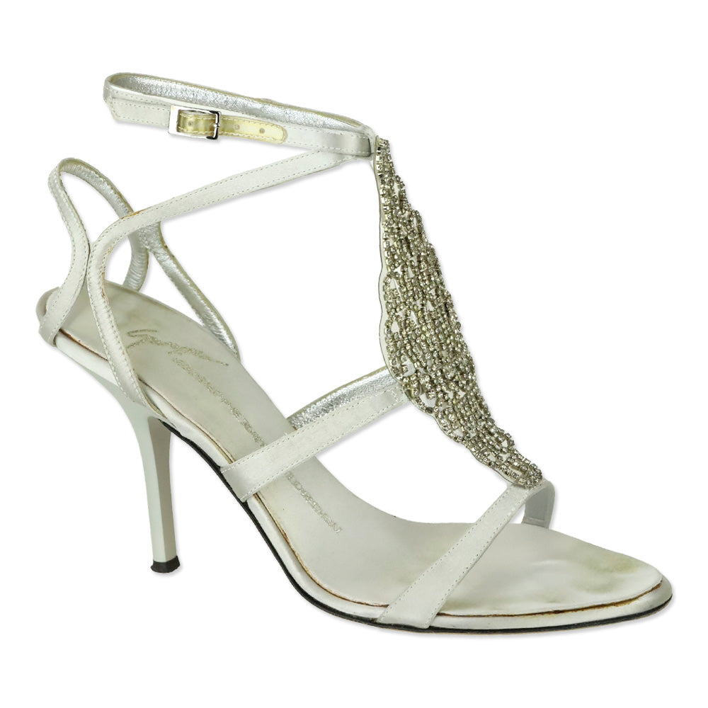 Giuseppe Zanotti Silver Satin Crystal PVC T-Strap Sandal