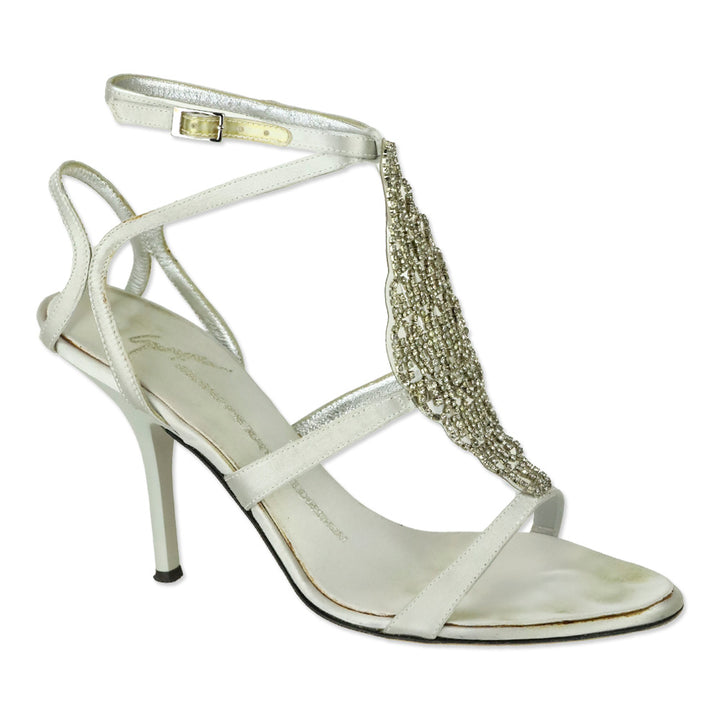 Giuseppe Zanotti Silver Satin Crystal PVC T-Strap Sandal