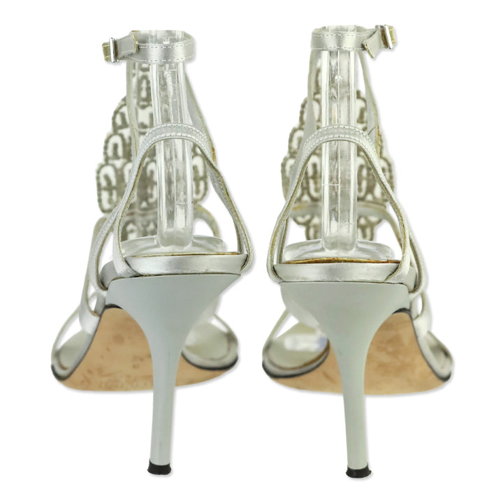 Giuseppe Zanotti Silver Satin Crystal PVC T-Strap Sandal