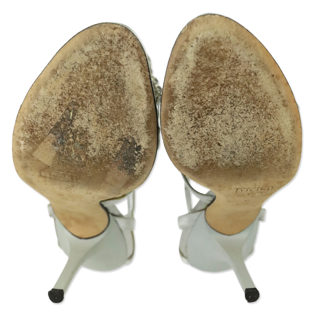 Giuseppe Zanotti Silver Satin Crystal PVC T-Strap Sandal