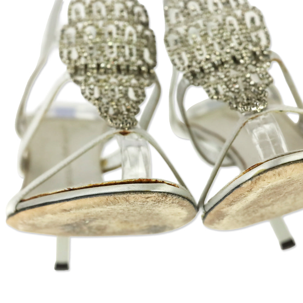 Giuseppe Zanotti Silver Satin Crystal PVC T-Strap Sandal