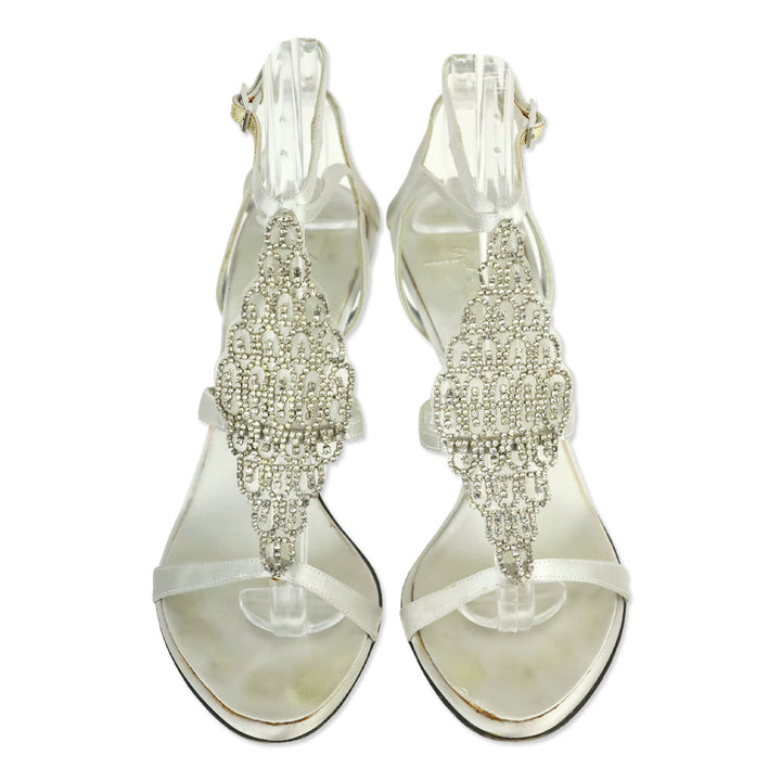 Giuseppe Zanotti Silver Satin Crystal PVC T-Strap Sandal
