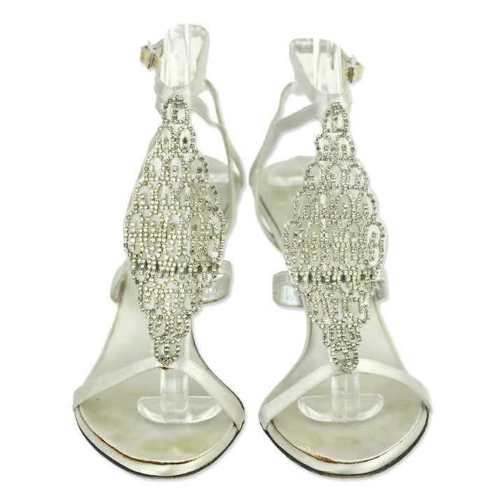 Giuseppe Zanotti Silver Satin Crystal PVC T-Strap Sandal
