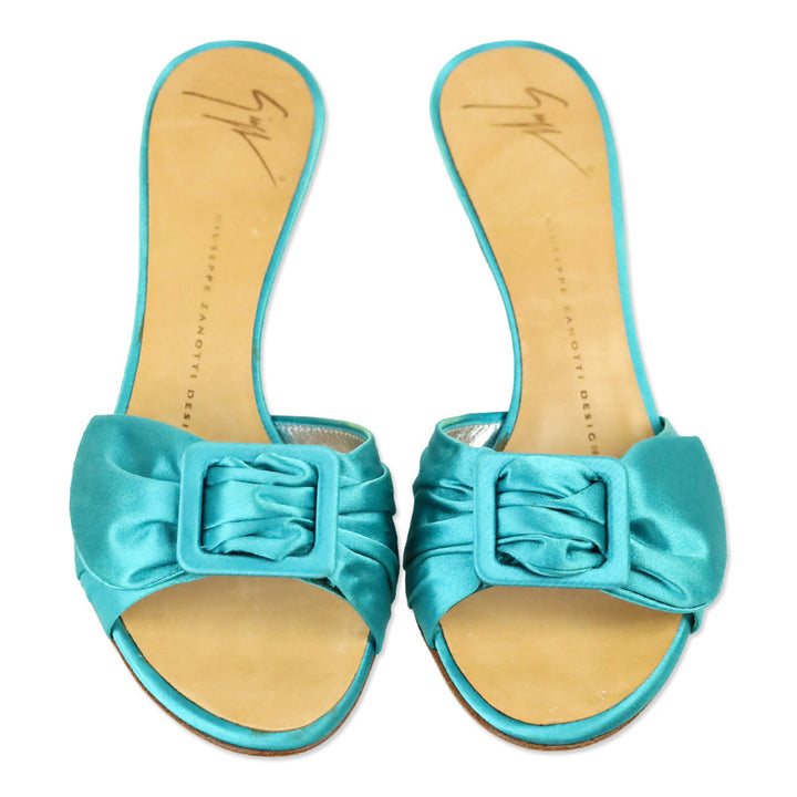 Giuseppe Zanotti Teal Satin Buckle Mule Sandals