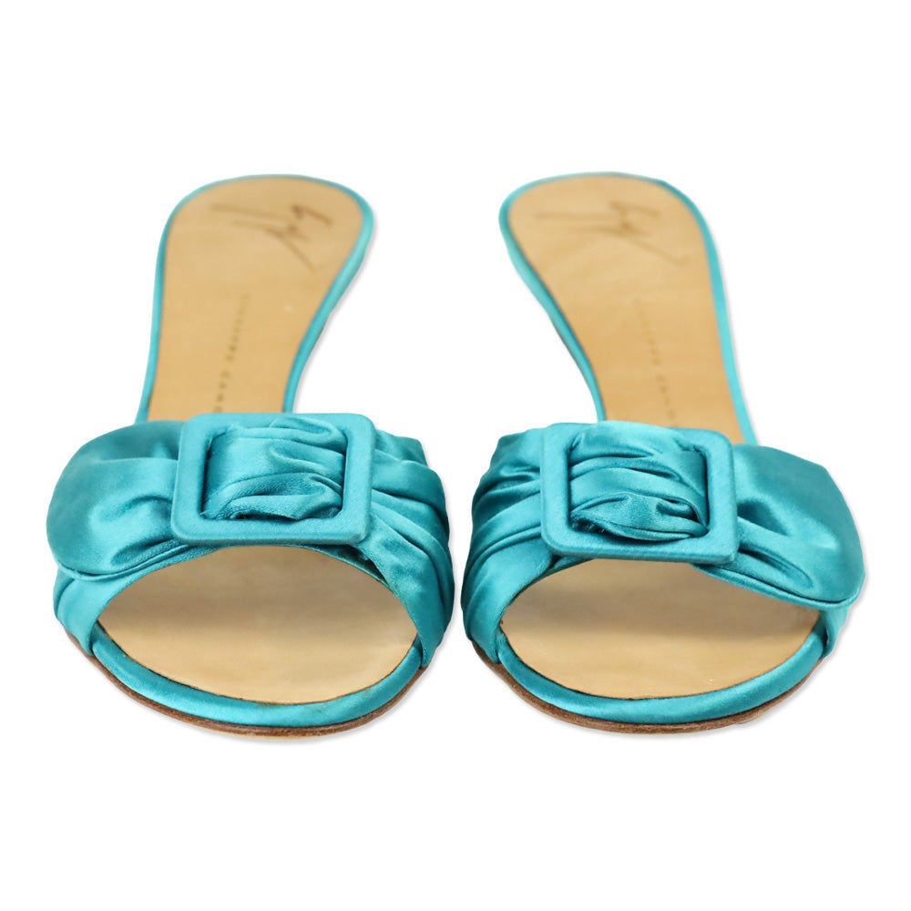 Giuseppe Zanotti Teal Satin Buckle Mule Sandals