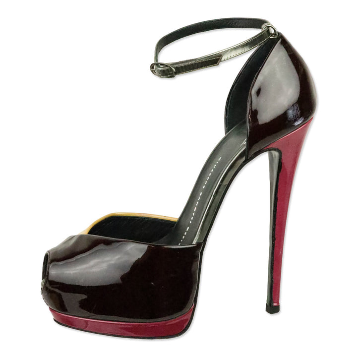 Giuseppe Zanotti Tricolor Patent Leather Peep Toe Ankle-Strap Platform Pump