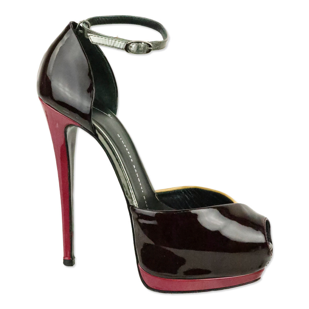 Giuseppe Zanotti Tricolor Patent Leather Peep Toe Ankle-Strap Platform Pump