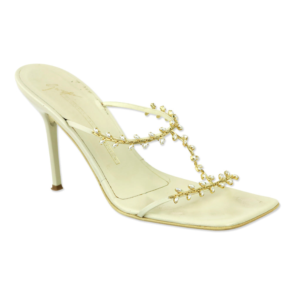 Giuseppe Zanotti White Leather Gold Chain & Pearl Strappy Sandal