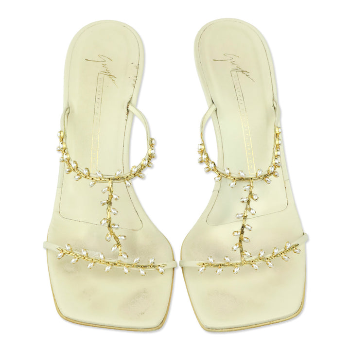 Giuseppe Zanotti White Leather Gold Chain & Pearl Strappy Sandal