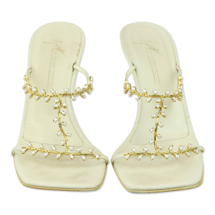 Giuseppe Zanotti White Leather Gold Chain & Pearl Strappy Sandal