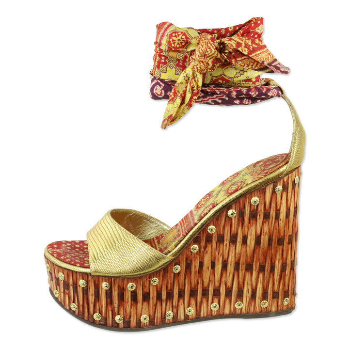 Giuseppe Zanotti Zambia Oro Scarf Wrap Bamboo Wedge Sandal