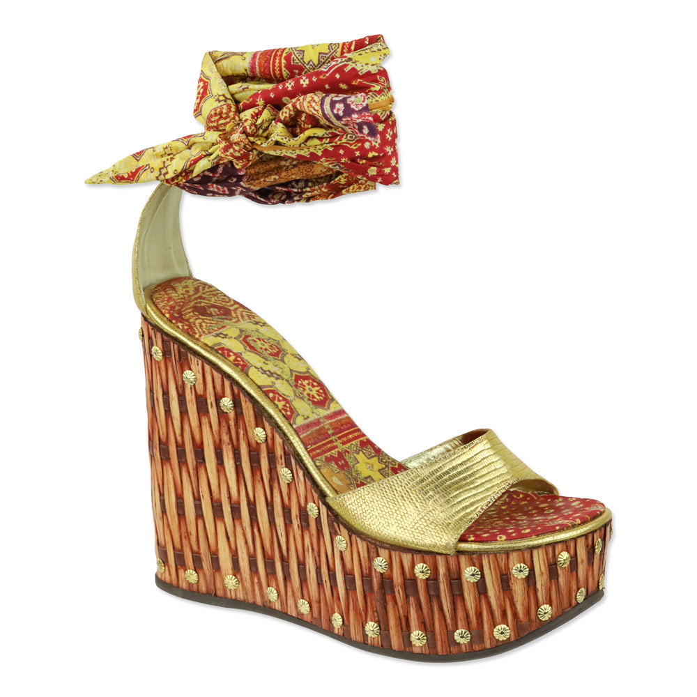 Giuseppe Zanotti Zambia Oro Scarf Wrap Bamboo Wedge Sandal