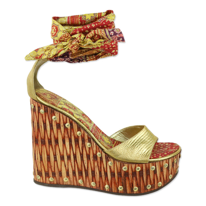 Giuseppe Zanotti Zambia Oro Scarf Wrap Bamboo Wedge Sandal