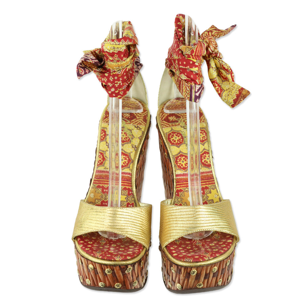 Giuseppe Zanotti Zambia Oro Scarf Wrap Bamboo Wedge Sandal
