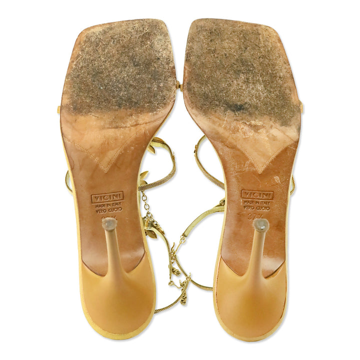 Giuseppe Zanotti Antique Gold Chain & Enamel Floral T-Strap Sandals