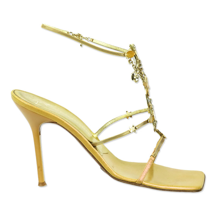Giuseppe Zanotti Gold Chain and Enamel Floral Accented Strappy Mules