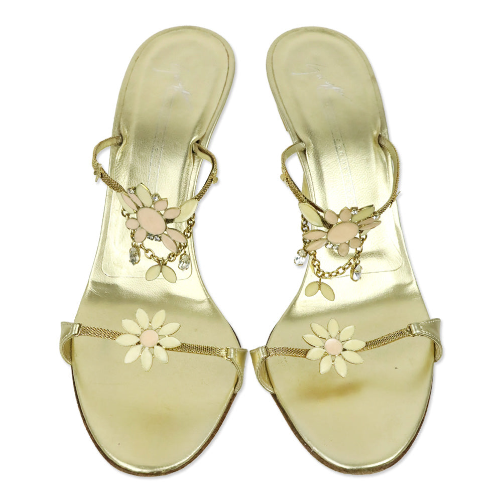 Giuseppe Zanotti Gold Chain and Enamel Floral Accented Strappy Mules