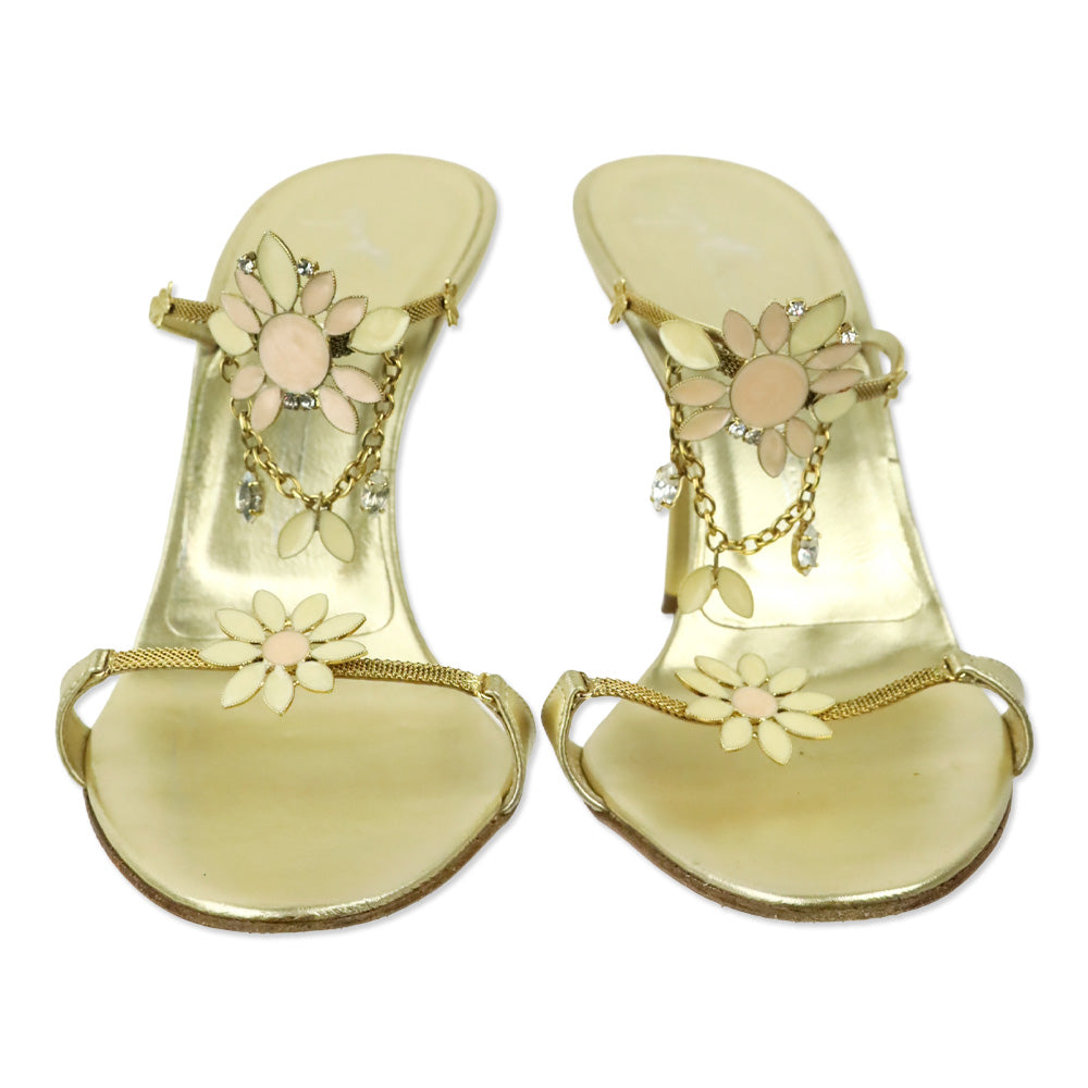 Giuseppe Zanotti Gold Chain and Enamel Floral Accented Strappy Mules
