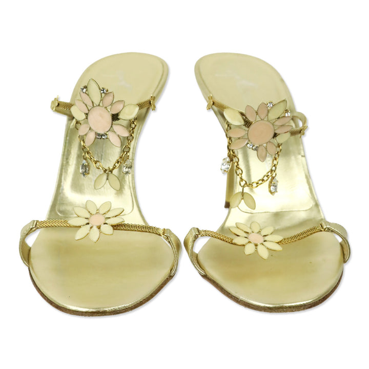 Giuseppe Zanotti Gold Chain and Enamel Floral Accented Strappy Mules