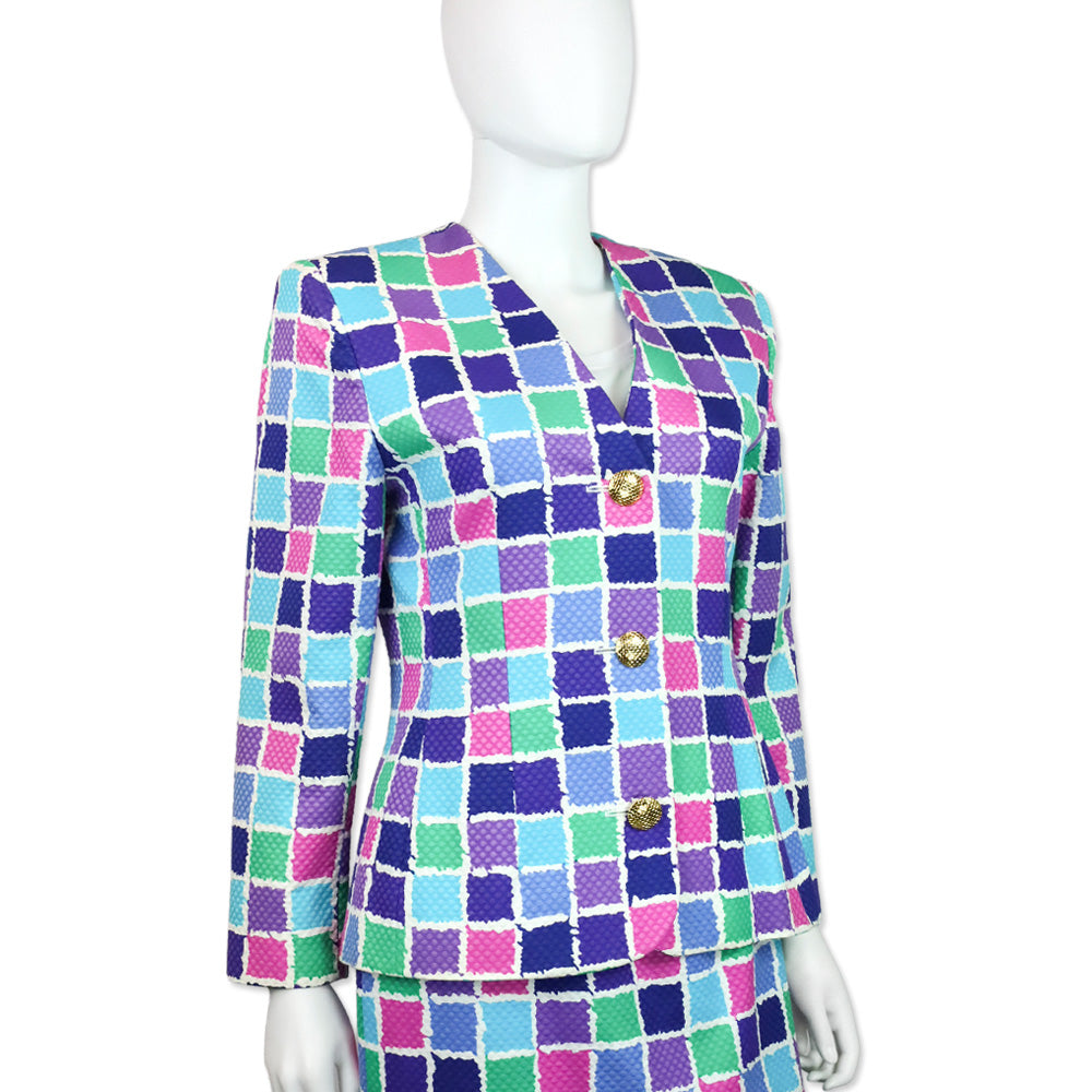 Givenchy Multicolor Checkered Pattern Collarless V Blazer