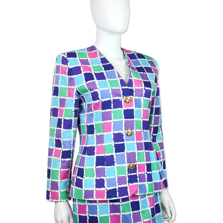 Givenchy Multicolor Checkered Pattern Collarless V Blazer