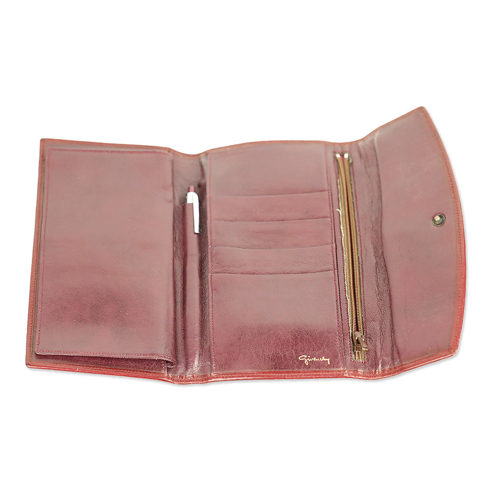 Givenchy Vintage Wine Leather Tri-Fold Checkbook Long Wallet