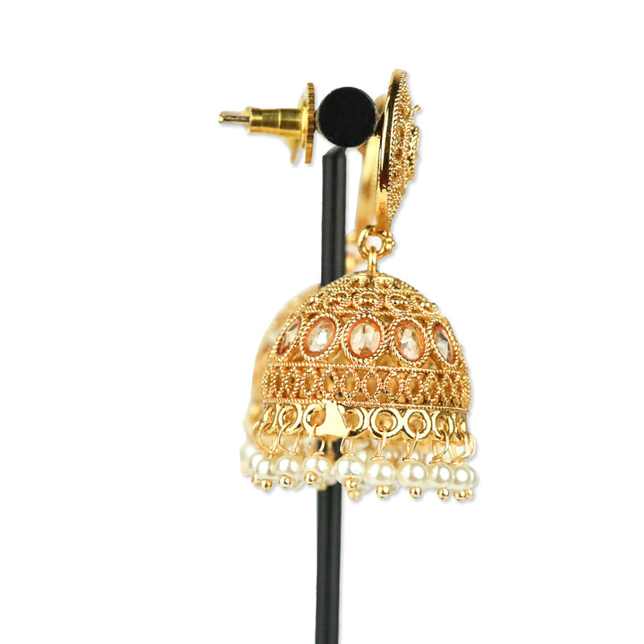 Gold-Tone Domed Pearl Tassel Jhumka Earrings