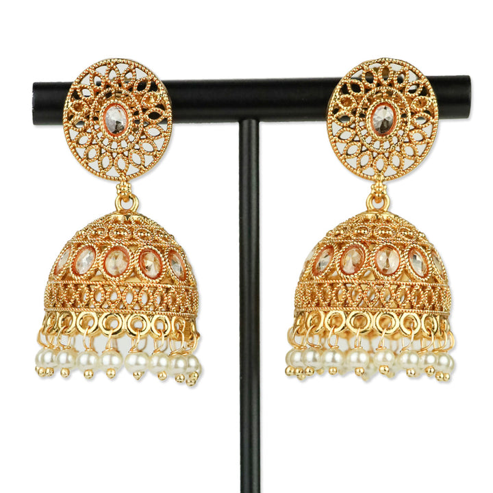 Gold-Tone Domed Pearl Tassel Jhumka Earrings