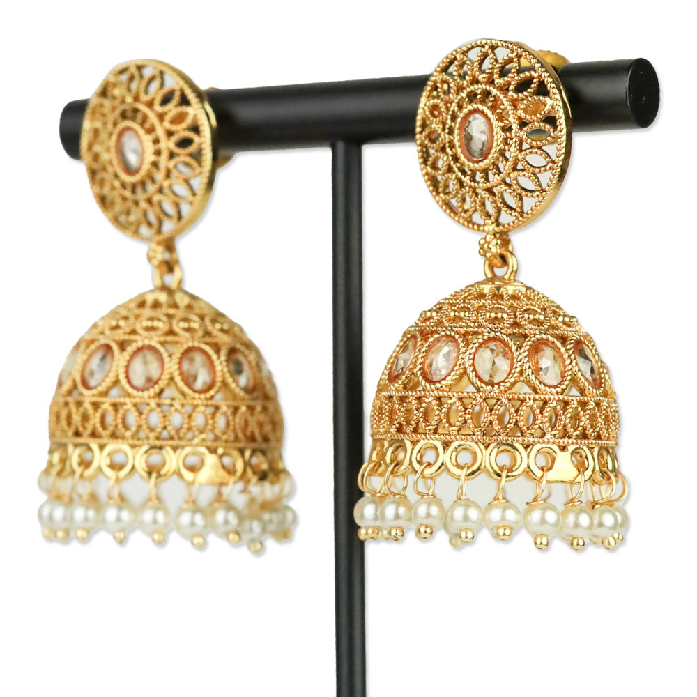 Gold-Tone Domed Pearl Tassel Jhumka Earrings