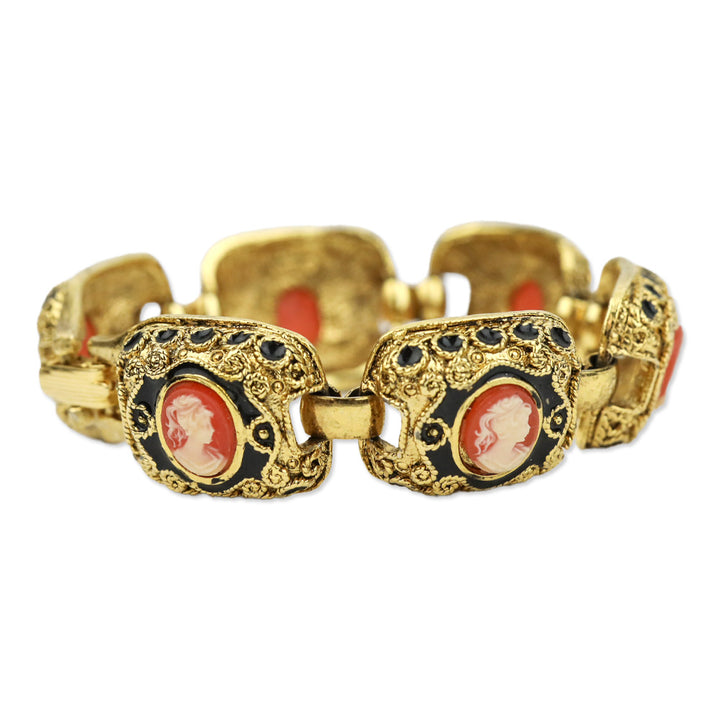 Gold-tone Black Enamel Cameo Link Bracelet