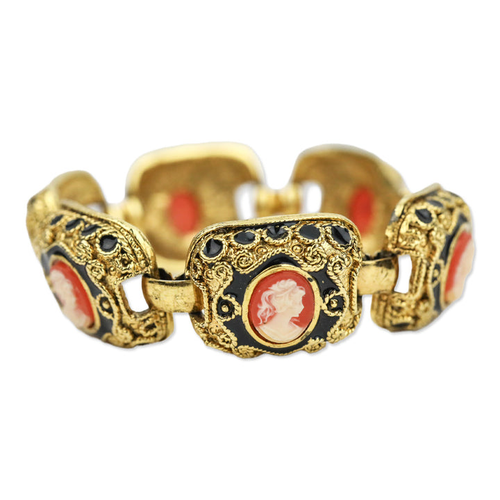 Gold-tone Black Enamel Cameo Link Bracelet
