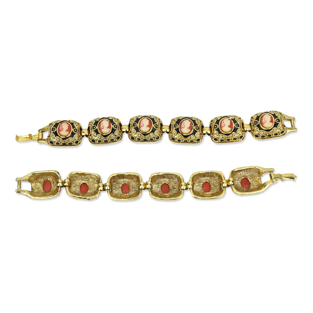 Gold-tone Black Enamel Cameo Link Bracelet