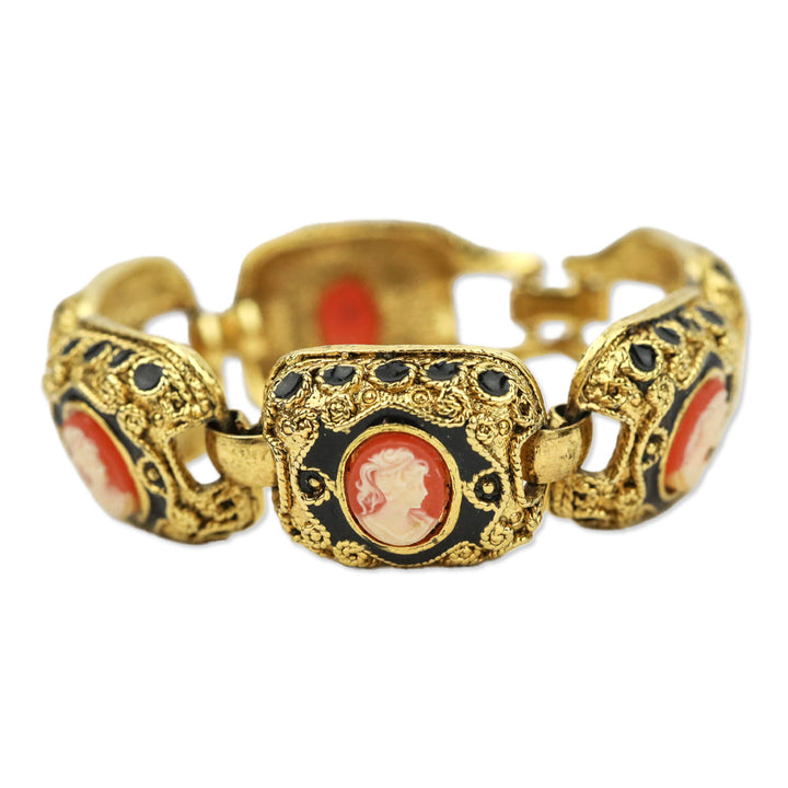 Gold-tone Black Enamel Cameo Link Bracelet