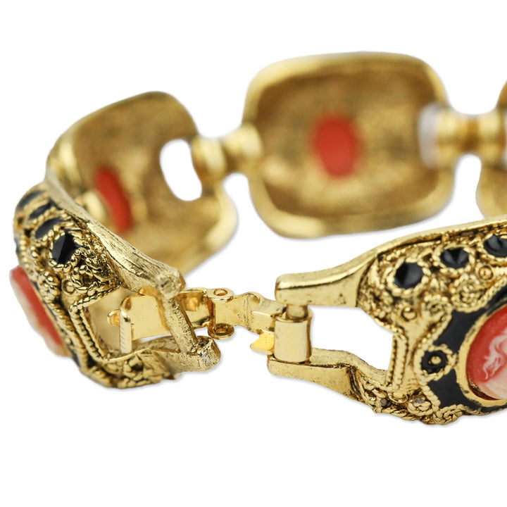 Gold-tone Black Enamel Cameo Link Bracelet