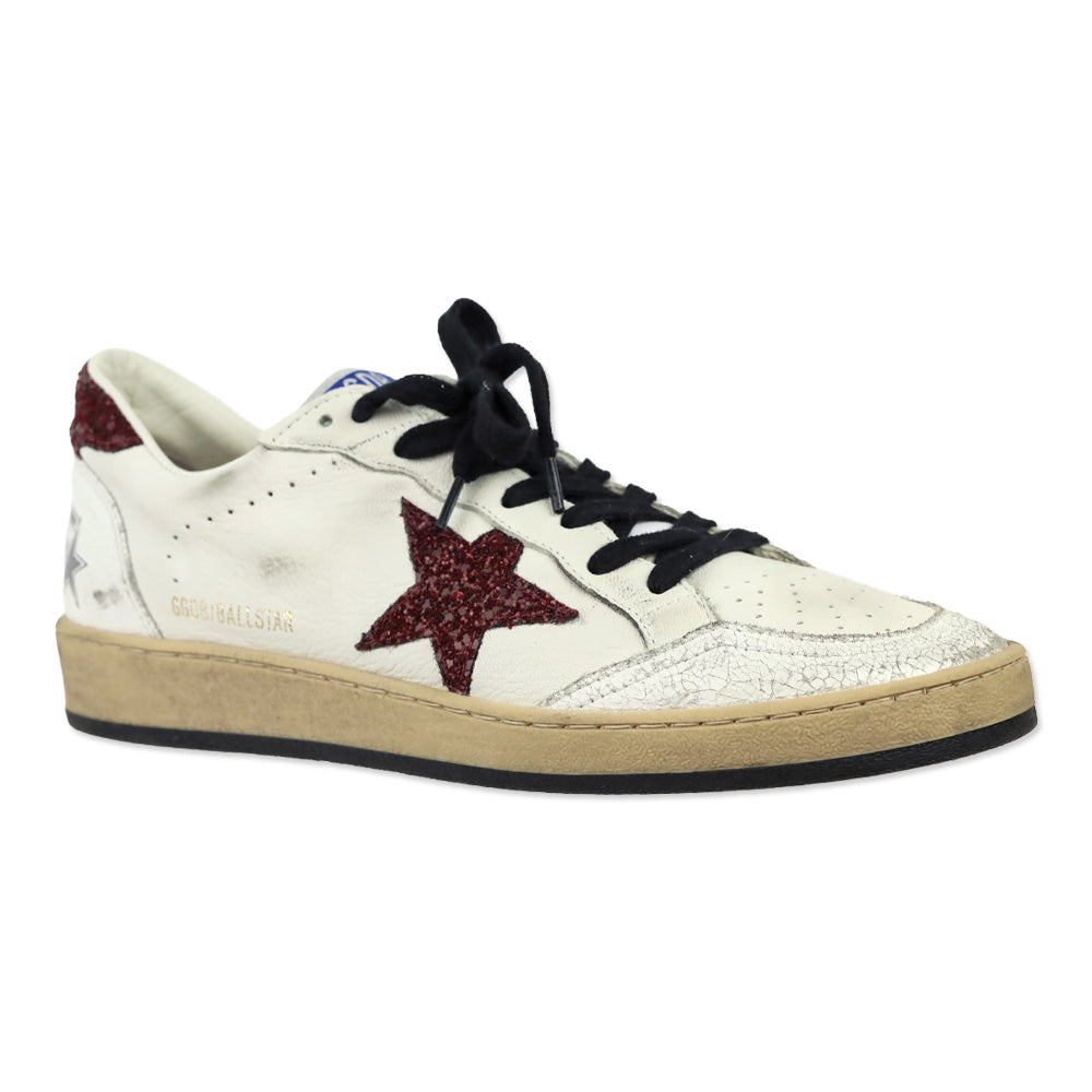 Golden Goose Ball Star White Leather & Bordeaux Glitter Sneaker