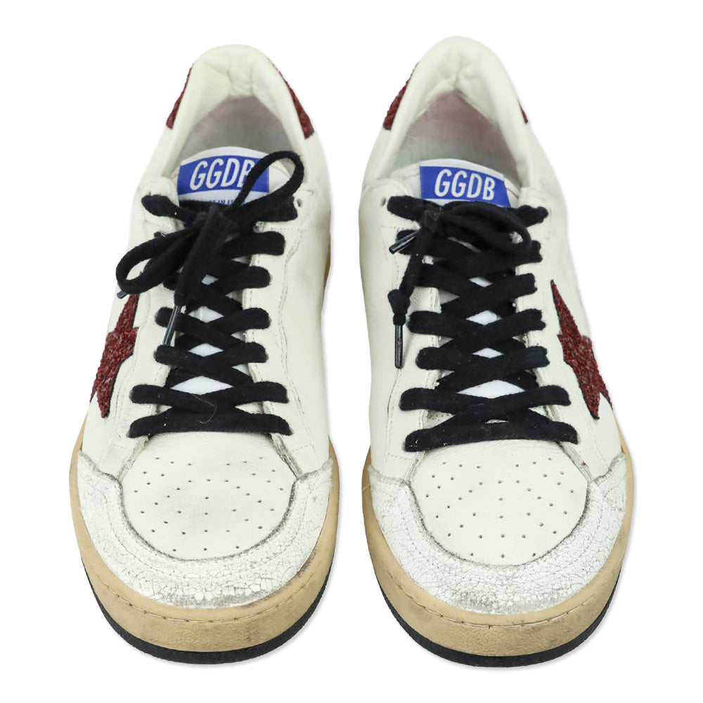 Golden Goose Ball Star White Leather & Bordeaux Glitter Sneaker