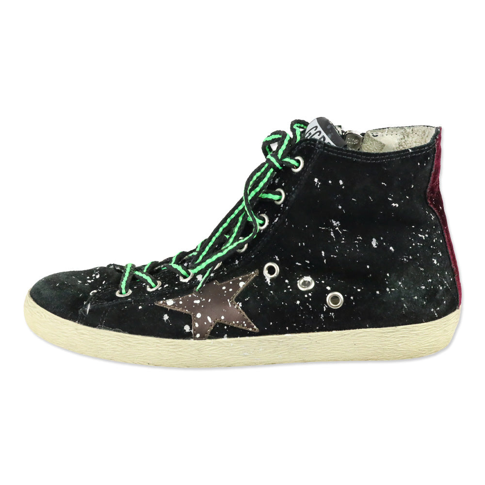 Golden Goose Francy Black Suede Paint Splatter High-Top Sneaker