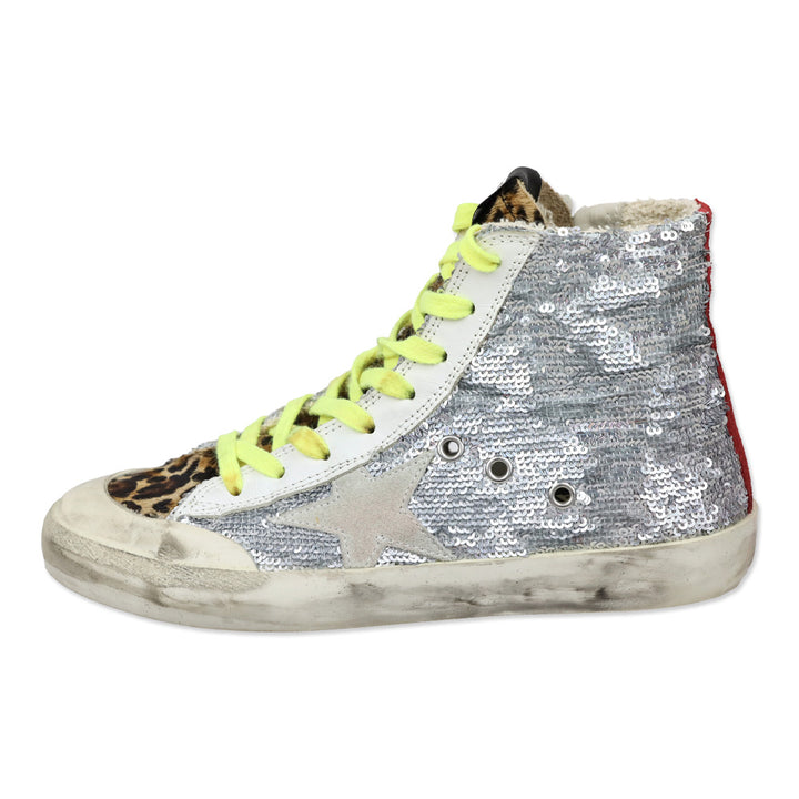 Golden Goose Francy Sneakers with silver sequins and leopard print pony skin