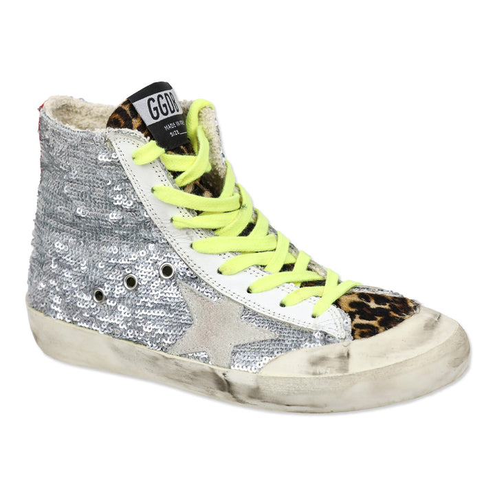 Golden Goose Francy Sneakers with silver sequins and leopard print pony skin