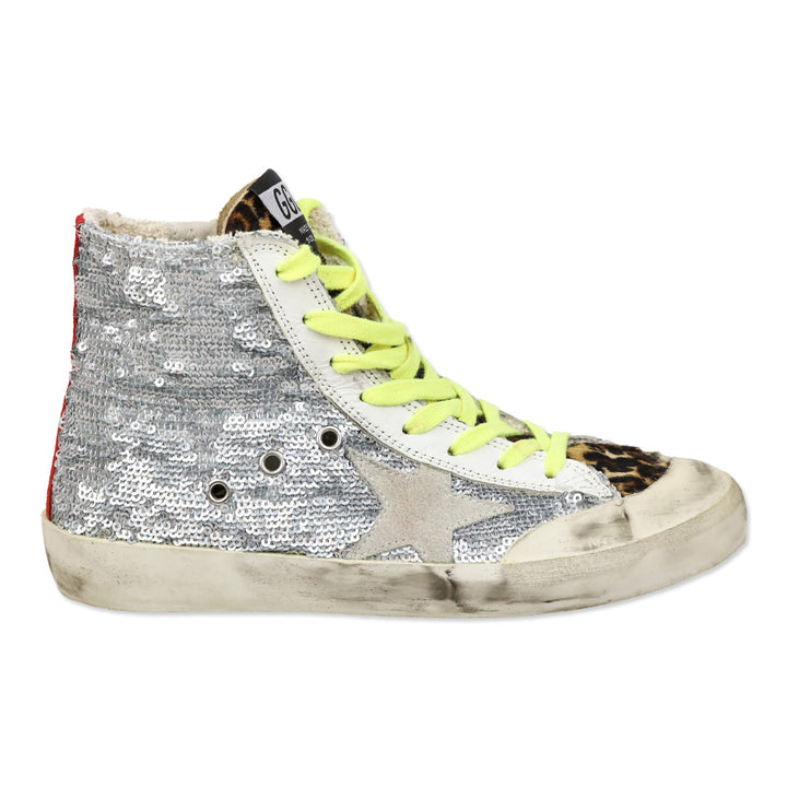 Golden Goose Francy Sneakers with silver sequins and leopard print pony skin