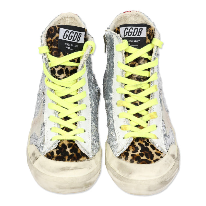 Golden Goose Francy Sneakers with silver sequins and leopard print pony skin