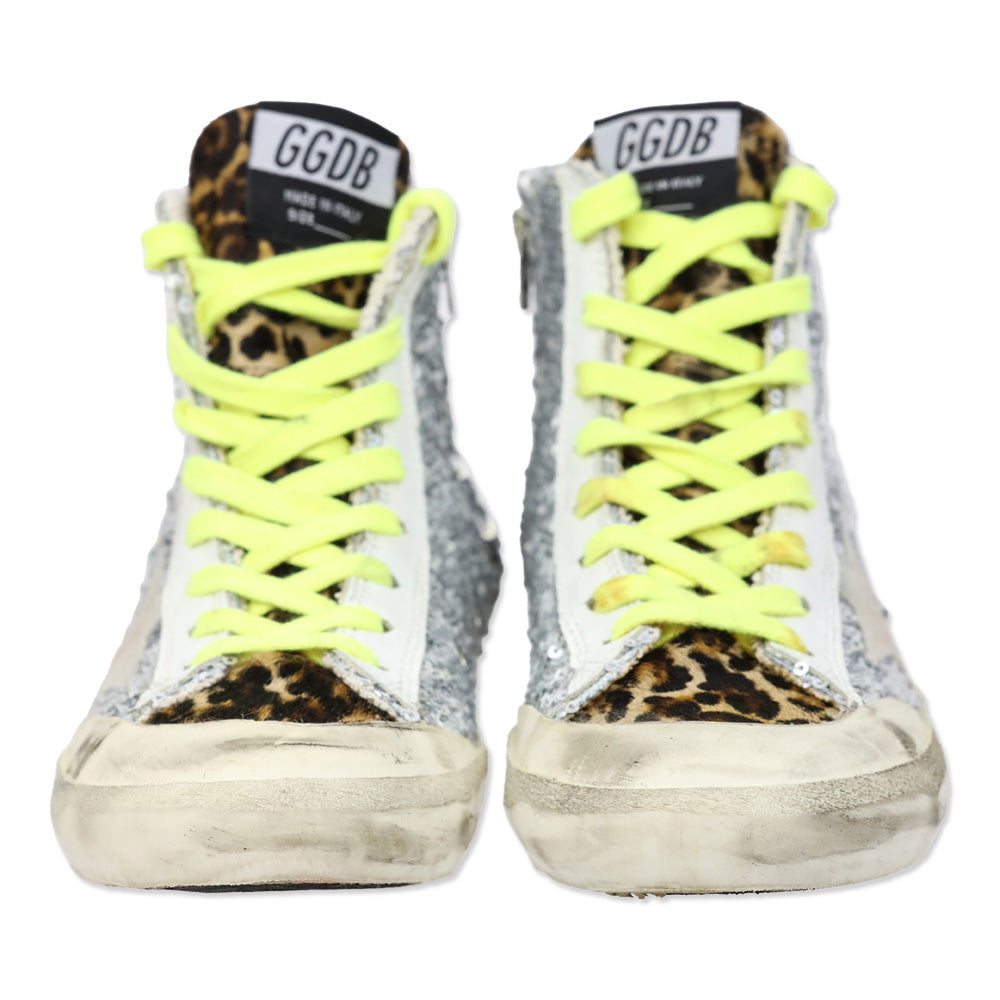 Golden Goose Francy Sneakers with silver sequins and leopard print pony skin