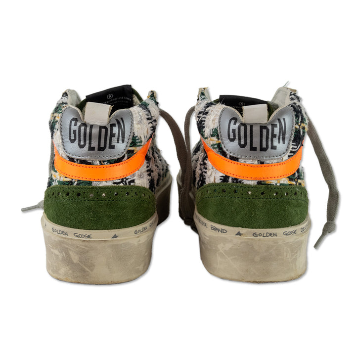 Golden Goose Hi/Mid Star Green Tweed Suede Accent Mid Top Platform Sneakers