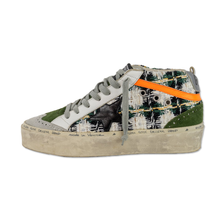 Golden Goose Hi/Mid Star Green Tweed Suede Accent Mid Top Platform Sneakers