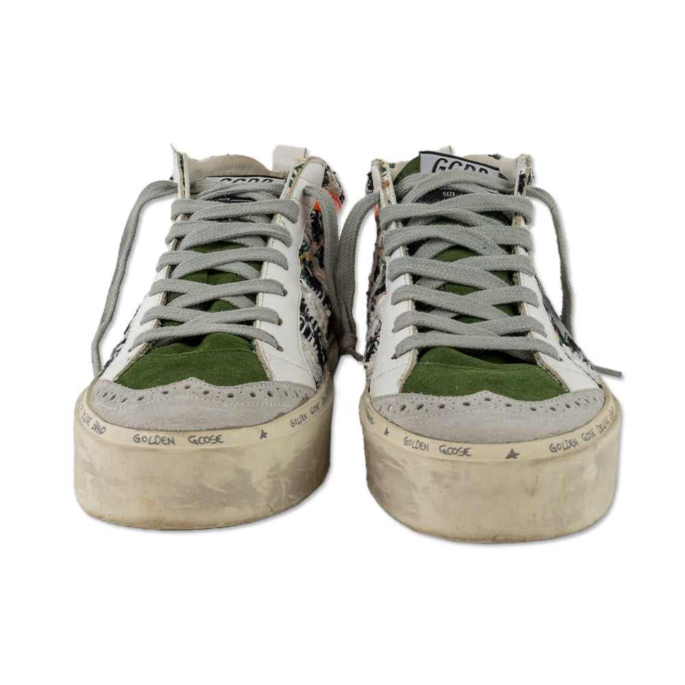 Golden Goose Hi/Mid Star Green Tweed Suede Accent Mid Top Platform Sneakers